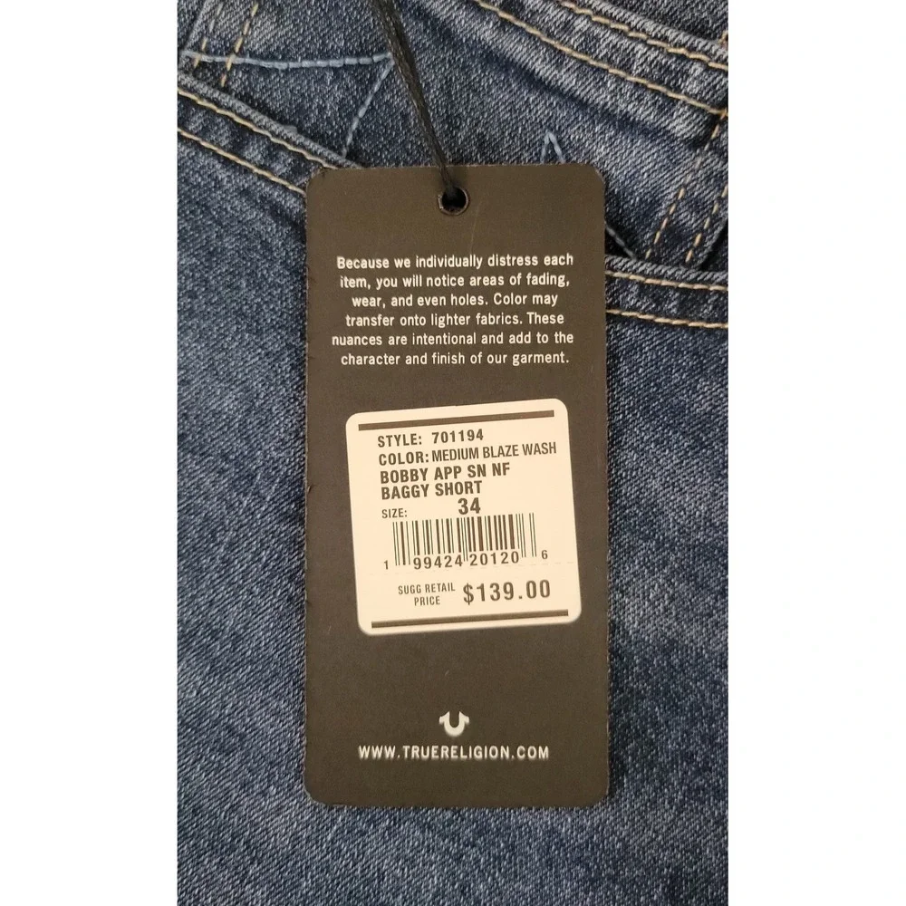 TRUE RELIGION Men's Blue Medium Wash Denim Shorts Relaxed Baggy Size W34 NWT